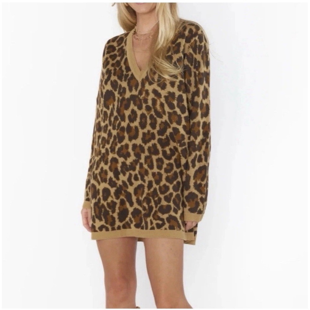 Show Me Your Mumu Hartford Sweater Dress Leopard V-Neck Oversized Size Medium